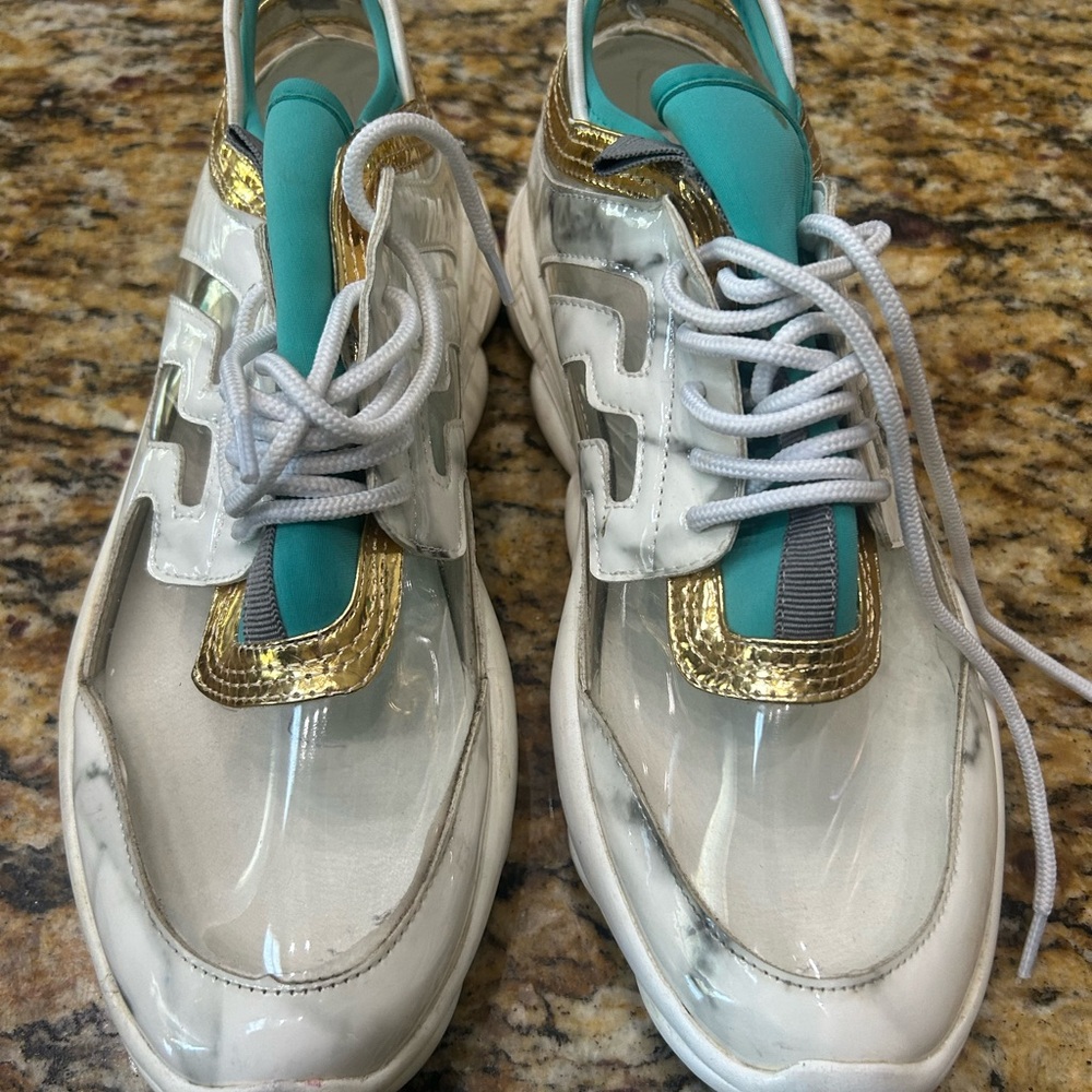 Cape Robbin White and Gold Sneakers with Teal Accents